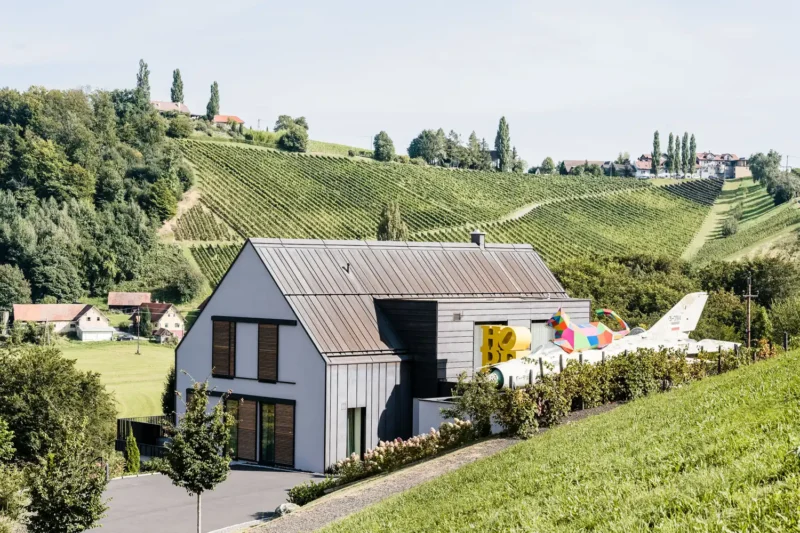 Modernes Designerhaus in der Südsteiermark mit klaren Linien und bodentiefen Fenstern
