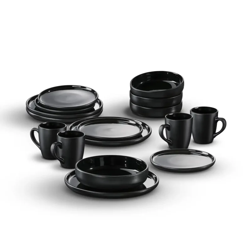 Produktfotografie – Arte Viva City Geschirr-Set 16-teilig in Schwarz mit Coupform vor weißem Hintergrund
