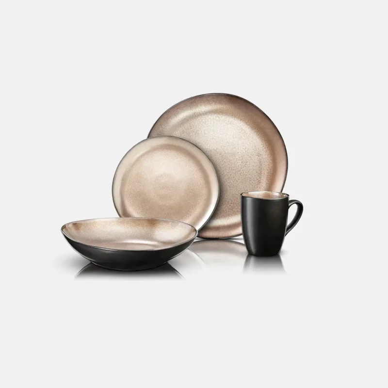Produktfotografie – Arte Viva Country Geschirr-Set in Beige-Braun mit Teller, Schale und Tasse vor hellem Hintergrund